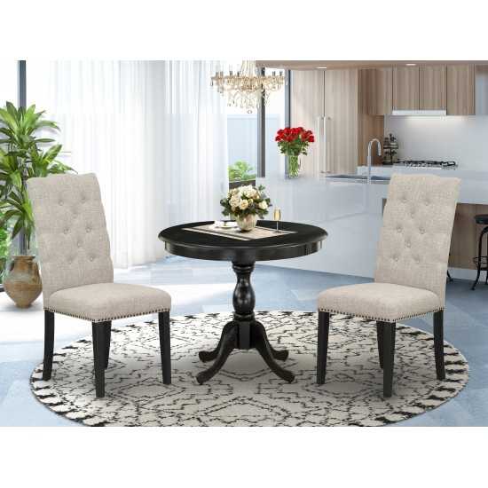 3 Pc Dining Set, 1 Table, 2 Doeskin Chairs Button Tufted Back, Wire Brushed Black Finish