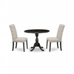 3Pc Wood Dining Set, 1 Drop Leaves Table, 2 Doeskin Chair, High Back, Wire Brushed Black Finish