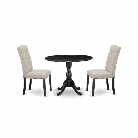 3Pc Wood Dining Set, 1 Drop Leaves Table, 2 Doeskin Chair, High Back, Wire Brushed Black Finish