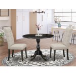 3Pc Wood Dining Set, 1 Drop Leaves Table, 2 Doeskin Chair, High Back, Wire Brushed Black Finish