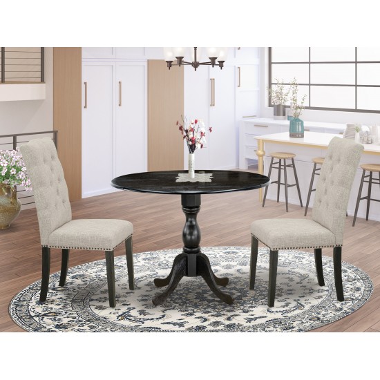 3Pc Wood Dining Set, 1 Drop Leaves Table, 2 Doeskin Chair, High Back, Wire Brushed Black Finish