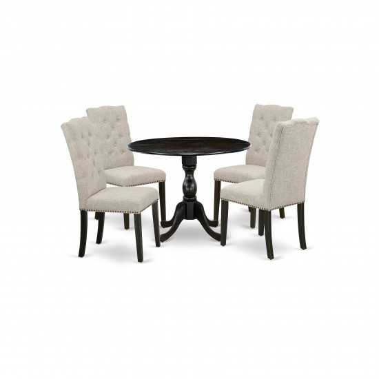 5 Pc Dining Set, 1 Drop Leaves Kitchen Table, 4 Doeskin Chairs, High Back, Wire Brushed Black Finish