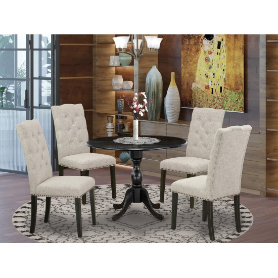 5 Pc Dining Set, 1 Drop Leaves Kitchen Table, 4 Doeskin Chairs, High Back, Wire Brushed Black Finish