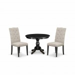 3 Pc Kitchen Set, Table, 2 Doeskin Dining Chairs Button Tufted Back, Wire Brushed Black Finish