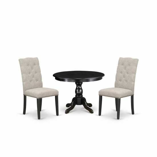 3 Pc Kitchen Set, Table, 2 Doeskin Dining Chairs Button Tufted Back, Wire Brushed Black Finish