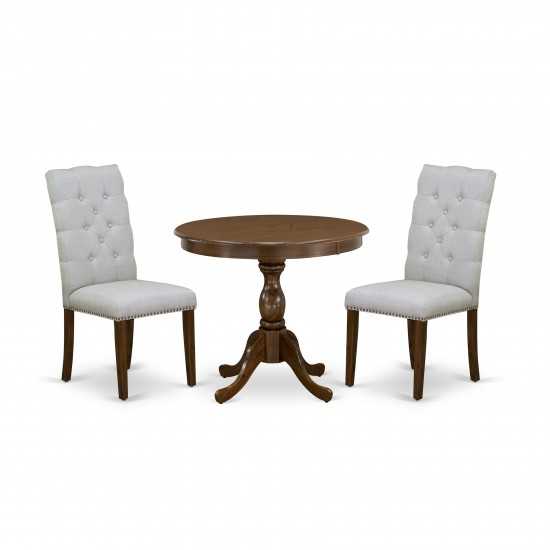 3 Pc Dinette Set, 1 Pedestal Table, 2 Grey Kitchen Chair Button Tufted Back, Nail Heads, Acacia Walnut Finish