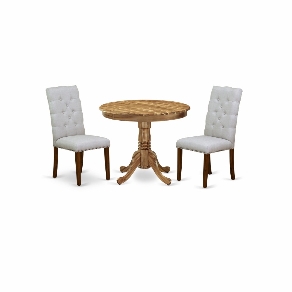 3-Pc Round Dinette Set, Dining Table, 2 Parson Dining Chairs, Grey Dining Chairs Seat, Rubber Wood Legs, Natural