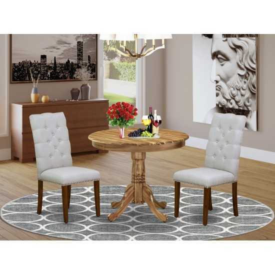 3-Pc Round Dinette Set, Dining Table, 2 Parson Dining Chairs, Grey Dining Chairs Seat, Rubber Wood Legs, Natural