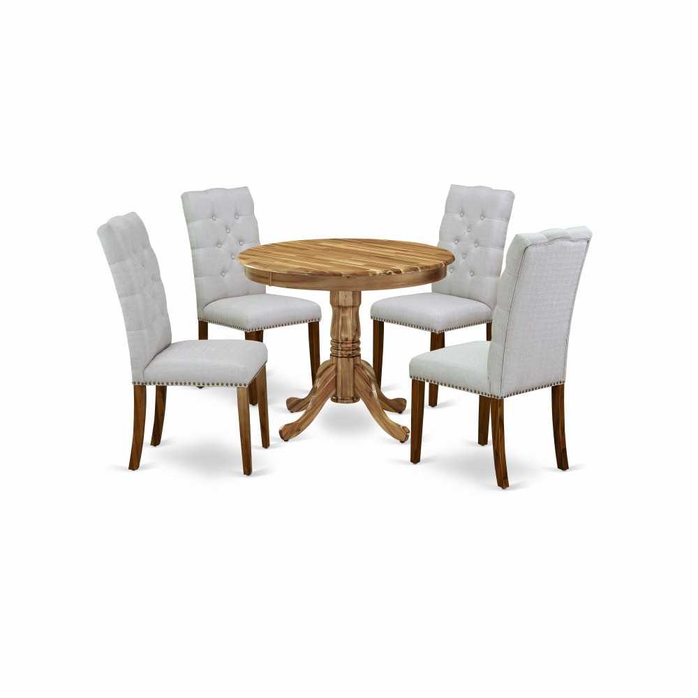 5Pc Kitchen Dinette Set, Round Kitchen Table, 4 Parson Chairs, Grey Parson Dining Chairs Seat, Rubber Wood Legs, Natural