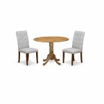 3Pc Round Kitchen Set, Dining Table, 2 Dining Chairs, Grey Kitchen Chairs Seat, Rubber Wood Legs, Natural