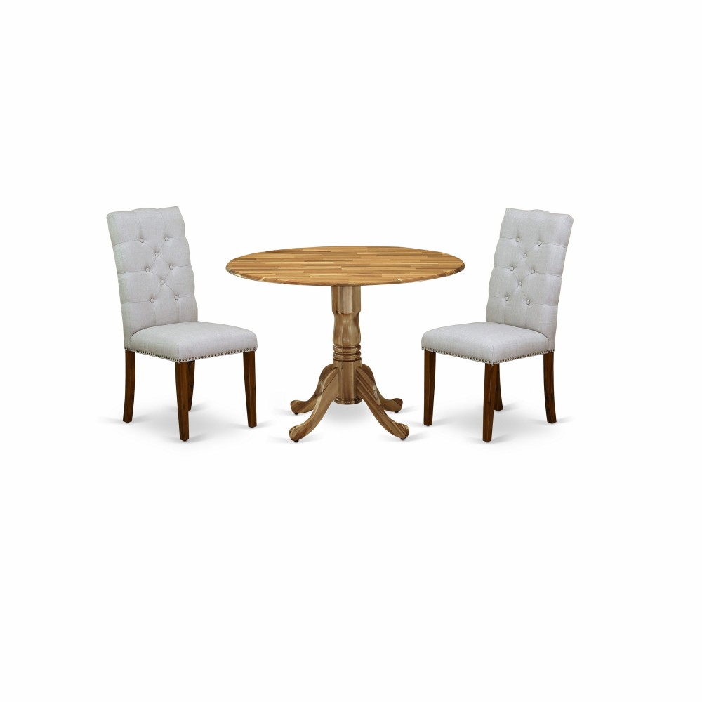 3Pc Round Kitchen Set, Dining Table, 2 Dining Chairs, Grey Kitchen Chairs Seat, Rubber Wood Legs, Natural