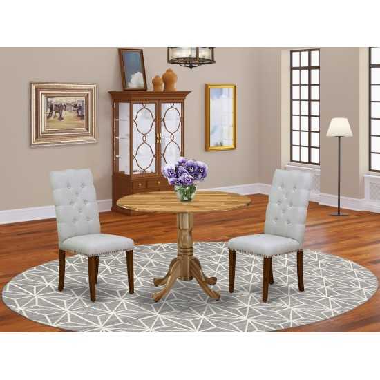 3Pc Round Kitchen Set, Dining Table, 2 Dining Chairs, Grey Kitchen Chairs Seat, Rubber Wood Legs, Natural