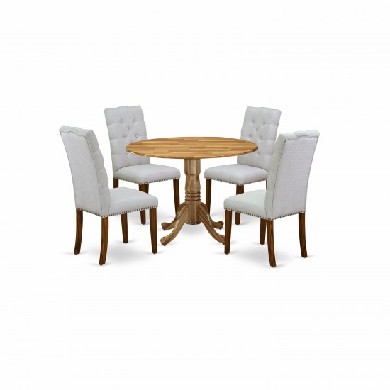 5-Pc Kitchen Set, Round Living Table, 4 Parson Chairs, Grey Dining Chairs Seat, Rubber Wood Legs, Natural