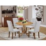 5-Pc Kitchen Set, Round Living Table, 4 Parson Chairs, Grey Dining Chairs Seat, Rubber Wood Legs, Natural