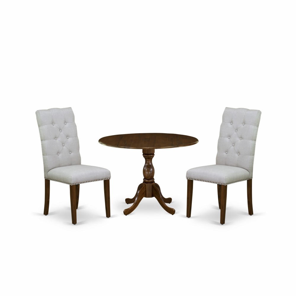 3Pc Dinette Set, 1 Drop Leaves Table, 2 Grey Parsons Chair, Acacia Walnut