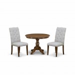 3 Pc Dining Set, Acacia Walnut Small Kitchen Table, 2 Grey Chairs, Panel Back, Acacia Walnut Finish