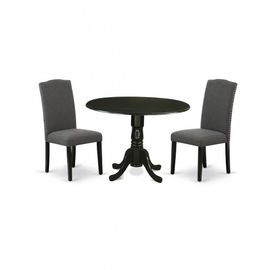 3Pc Round 42" Dining Table, Two 9-Inch Drop Leaves, Two Parson Chair, Black Leg, Dark Gotham Grey