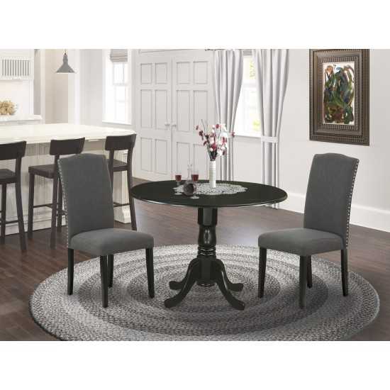 3Pc Round 42" Dining Table, Two 9-Inch Drop Leaves, Two Parson Chair, Black Leg, Dark Gotham Grey