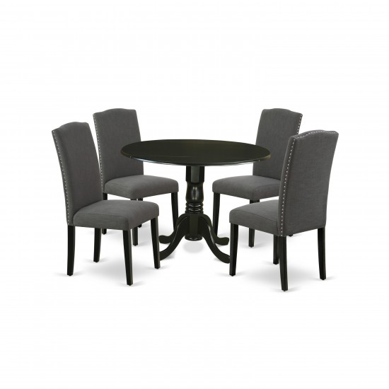 5Pc Round 42" Kitchen Table, Two 9-Inch Drop Leaves, Four Parson Chair, Black Leg, Dark Gotham Grey