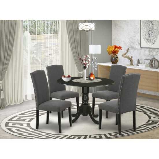 5Pc Round 42" Kitchen Table, Two 9-Inch Drop Leaves, Four Parson Chair, Black Leg, Dark Gotham Grey