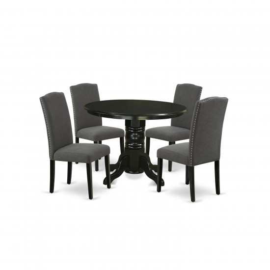 5Pc Rounded 42" Dining Table, Four Parson Chair, Black Leg, Fabric Dark Gotham Grey