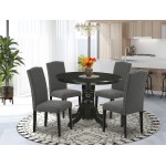 5Pc Rounded 42" Dining Table, Four Parson Chair, Black Leg, Fabric Dark Gotham Grey