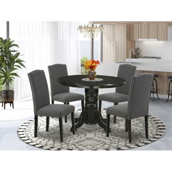 5Pc Rounded 42" Dining Table, Four Parson Chair, Black Leg, Fabric Dark Gotham Grey