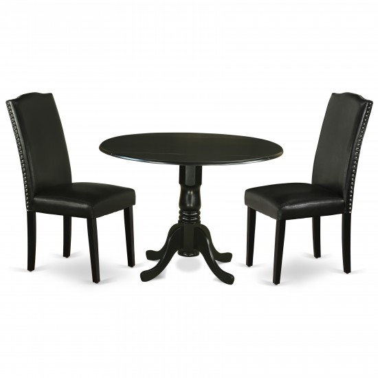 3Pc Round 42" Dining Table, Two 9-Inch Drop Leaves, Two Parson Chair, Black Leg, Pu Leather Color Black