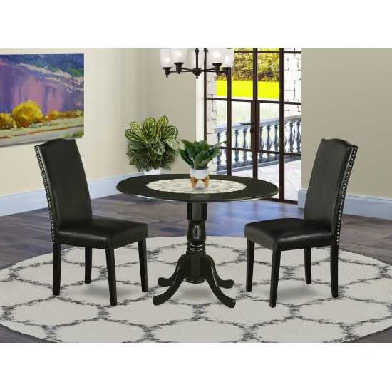 3Pc Round 42" Dining Table, Two 9-Inch Drop Leaves, Two Parson Chair, Black Leg, Pu Leather Color Black