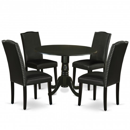 5Pc Round 42" Kitchen Table, Two 9-Inch Drop Leaves, Four Parson Chair, Black Leg, Pu Leather Color Black