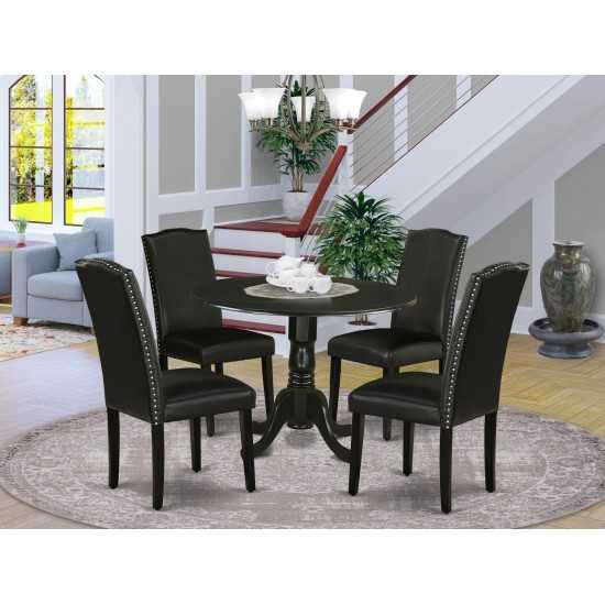 5Pc Round 42" Kitchen Table, Two 9-Inch Drop Leaves, Four Parson Chair, Black Leg, Pu Leather Color Black