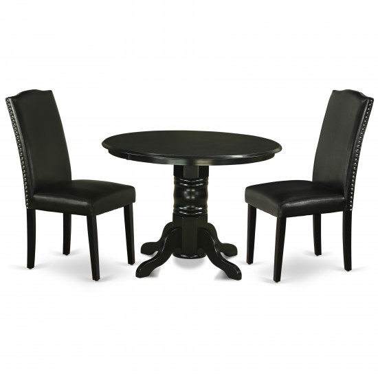 3Pc Round 42" Dinette Table, Pair Of Parson Chair, Black Leg, Pu Leather Color Black