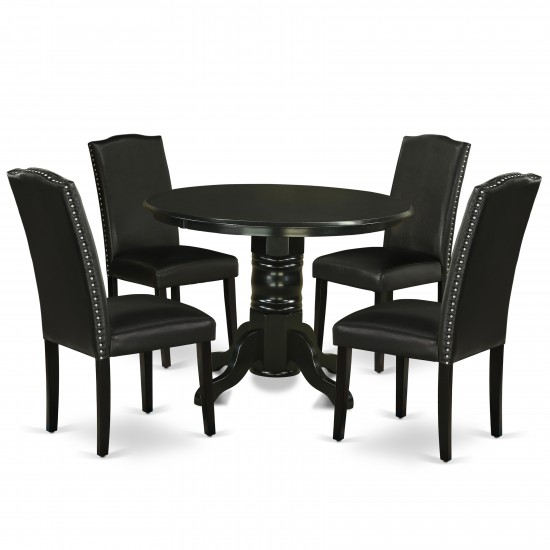 5Pc Rounded 42" Dining Table, Four Parson Chair, Black Leg, Pu Leather Color Black