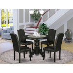 5Pc Rounded 42" Dining Table, Four Parson Chair, Black Leg, Pu Leather Color Black