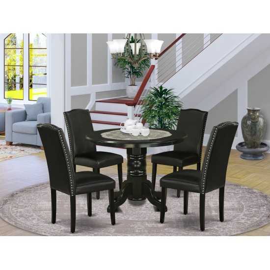 5Pc Rounded 42" Dining Table, Four Parson Chair, Black Leg, Pu Leather Color Black