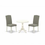 3Pc Dining Set, 1 Pedestal Dining Table, 2 Dark Shitake Chair High Back, Nail Heads, Linen White Finish