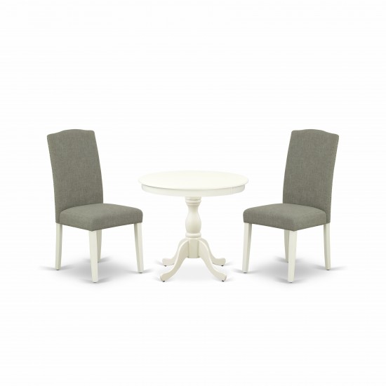 3Pc Dining Set, 1 Pedestal Dining Table, 2 Dark Shitake Chair High Back, Nail Heads, Linen White Finish