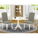 3Pc Dining Set, 1 Pedestal Dining Table, 2 Dark Shitake Chair High Back, Nail Heads, Linen White Finish