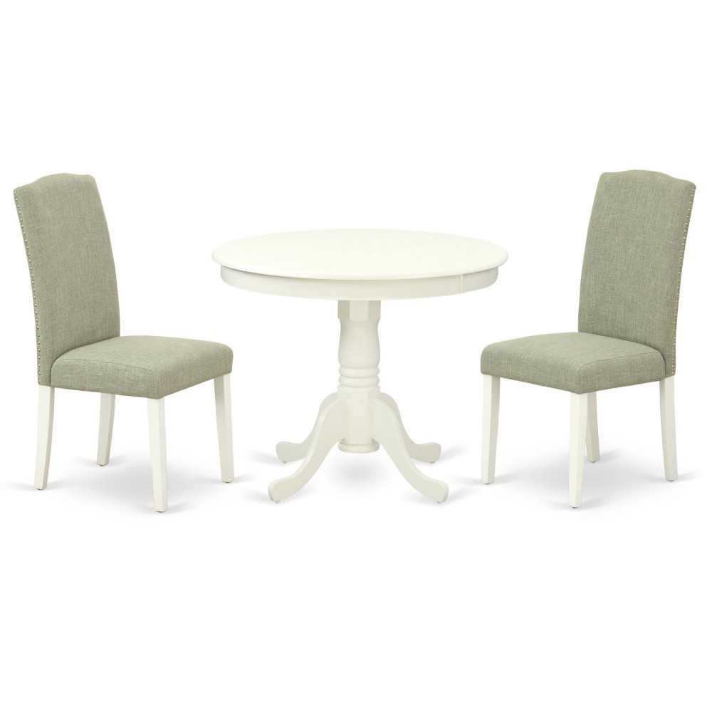 3Pc Round 36" Table And Pair Of Parson Chair, White Leg And Fabric Dark Shitake