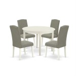 5Pc Round 42" Kitchen Table, Four Parson Chair, White Leg, Fabric Dark Shitake