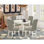 5Pc Round 42" Kitchen Table, Four Parson Chair, White Leg, Fabric Dark Shitake