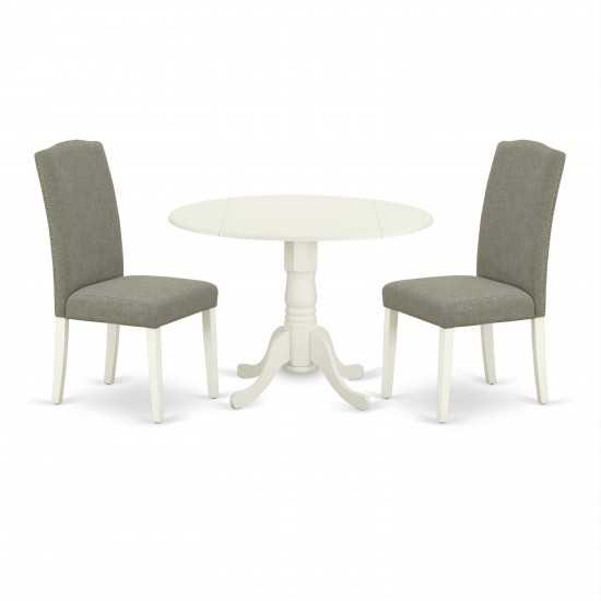 3Pc Round 42" Kitchen Table, Two 9-Inch Drop Leaves, Pair Of Parson Chair, Linen White Leg, Dark Shitake