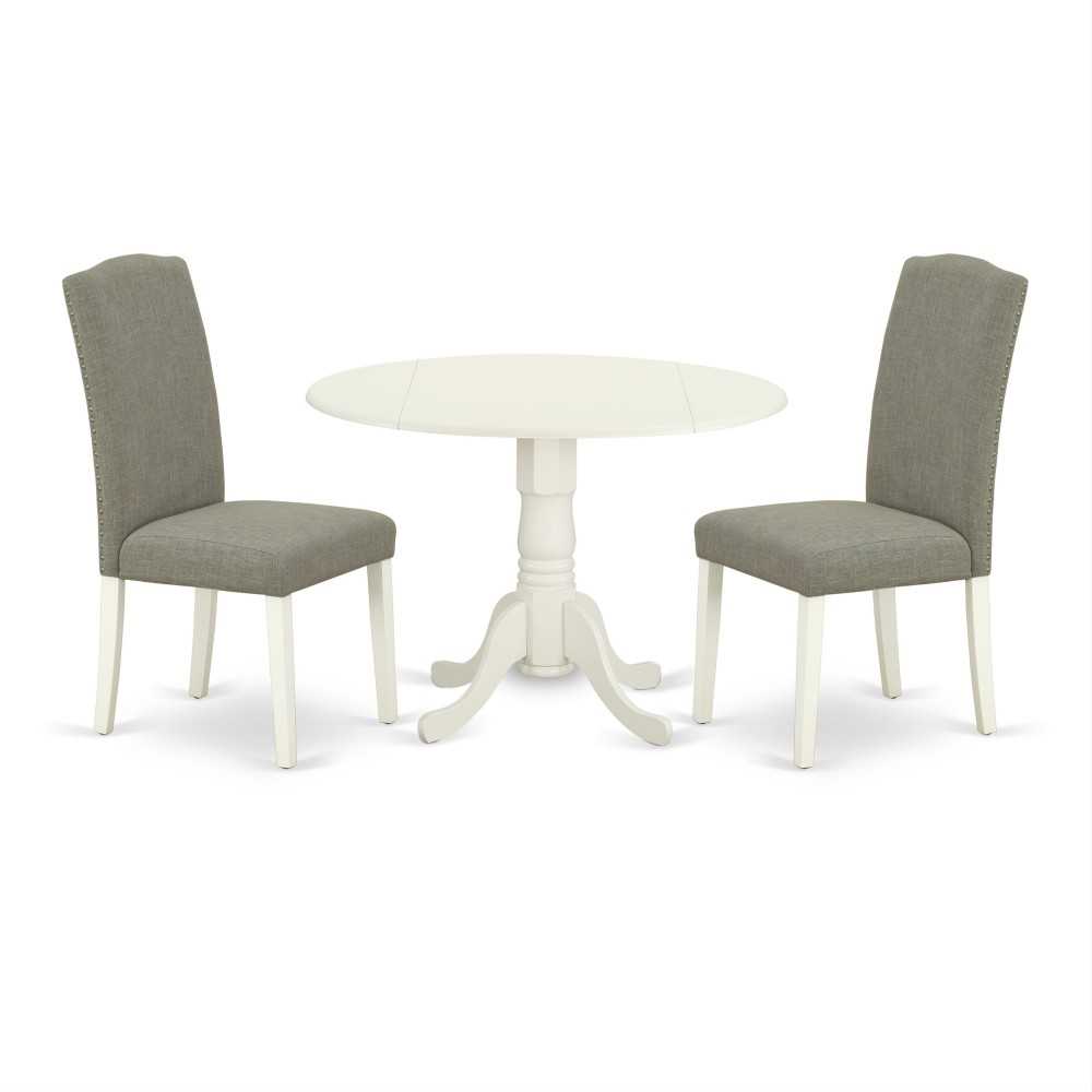 3Pc Round 42" Kitchen Table, Two 9-Inch Drop Leaves, Pair Of Parson Chair, Linen White Leg, Dark Shitake 3Pc Round 42" Kitchen Table, Two 9-Inch Drop Leaves, Pair Of Parson Chair, Linen White Leg, Dark Shitake
