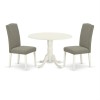3Pc Round 42" Kitchen Table, Two 9-Inch Drop Leaves, Pair Of Parson Chair, Linen White Leg, Dark Shitake