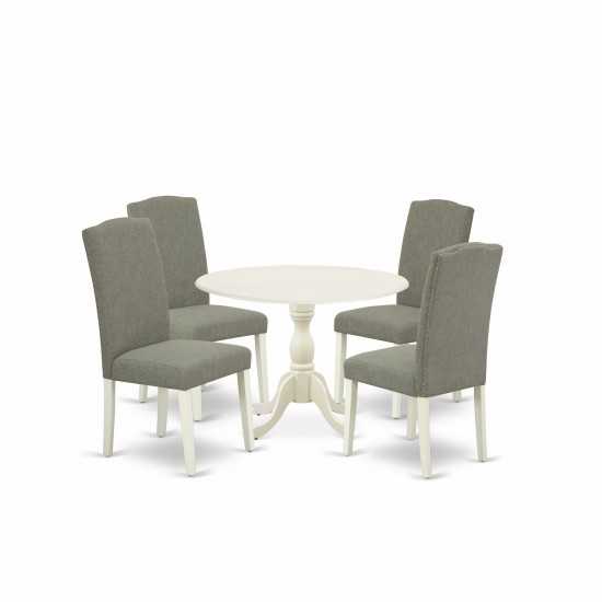 5Pc Dining Set, 1 Drop Leaves Table, 4 Dark Shitake Chair High Back, Linen White Finish