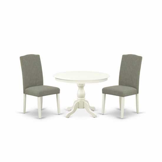 3 Pc Dining Set, Linen White Wood Table, 2 Dark Shitake Chairs, High Back, Linen White Finish