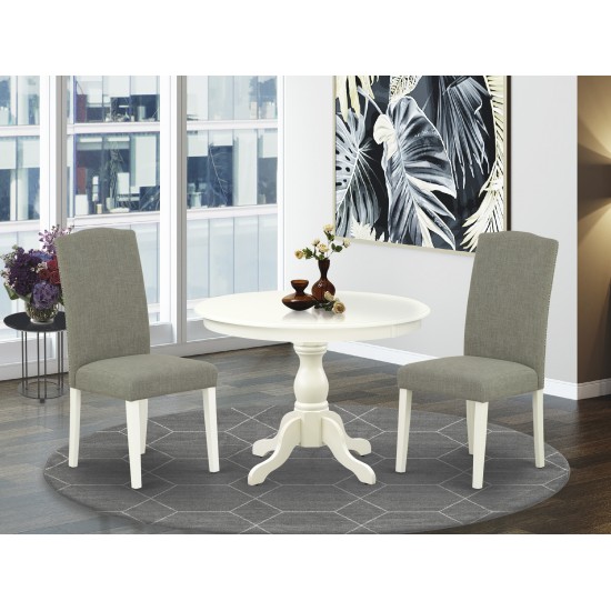 3 Pc Dining Set, Linen White Wood Table, 2 Dark Shitake Chairs, High Back, Linen White Finish