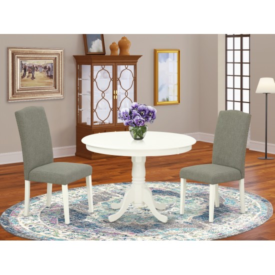 3Pc Round 42" Dining Table, Two Parson Chair, White Leg, Fabric Dark Shitake