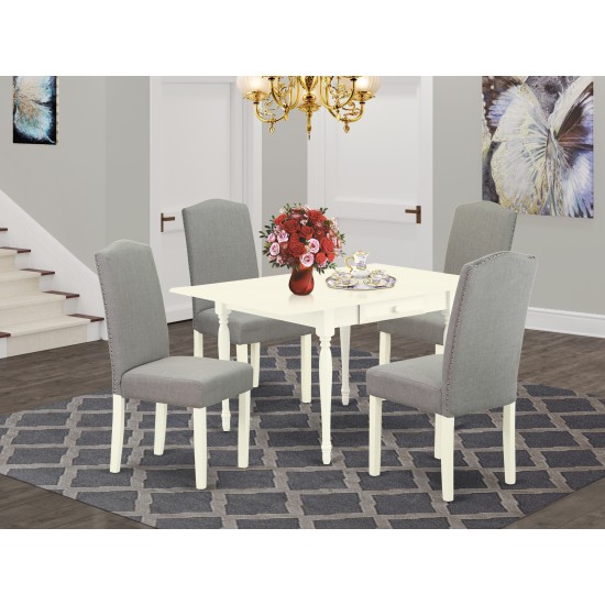 5Pc Dining Set, Wood Table, 4 Chairs, Shitake Color, Drop Leaf Table, Linen White