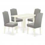 Dinette Set 5 Pcs, Four Kitchen Chairs, Dinner Table, Linen White Finish Hardwood, Shitake Color